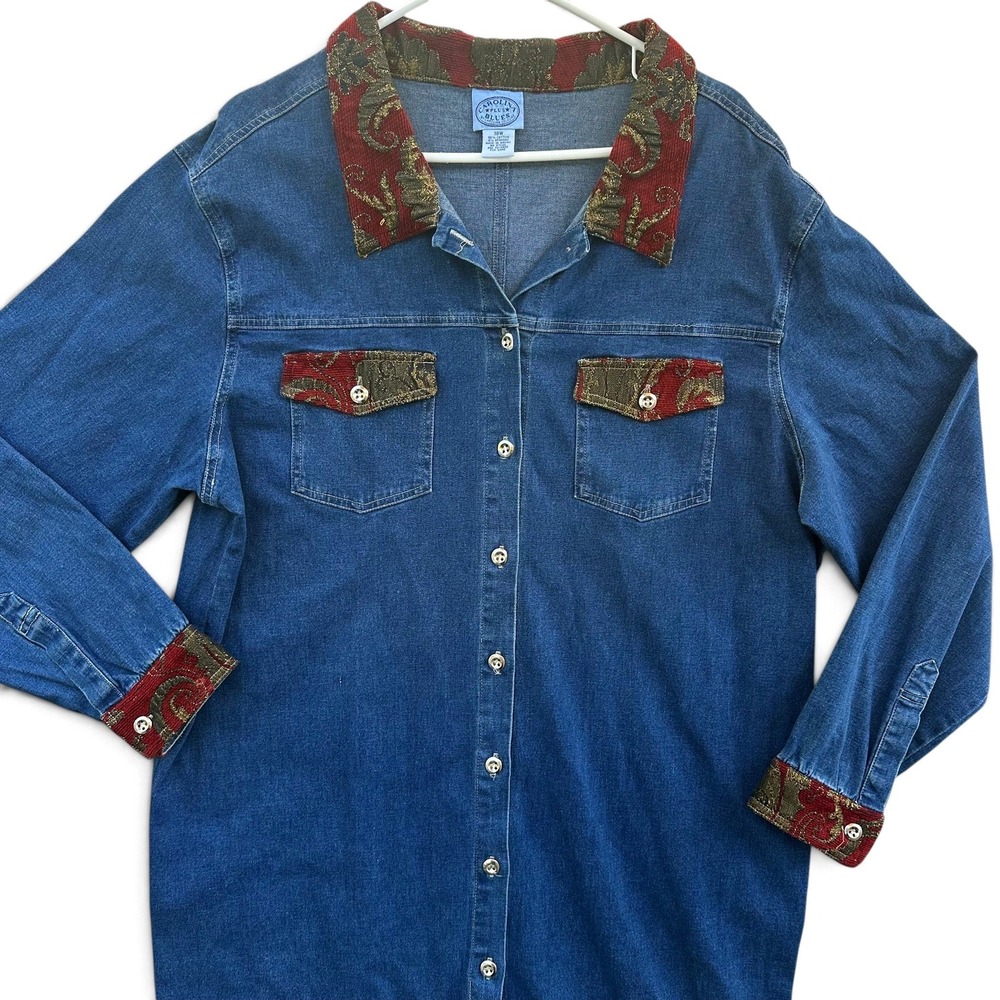 Vintage Carolina Blues Denim Maxi Shirt Dress Womens 18W Duster Paisley 90s
